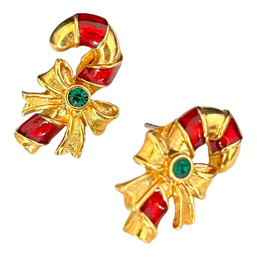 Vintage 1980s Avon Gold Tone Earrings Candy Cane Enamel Crystal Holiday - 2A